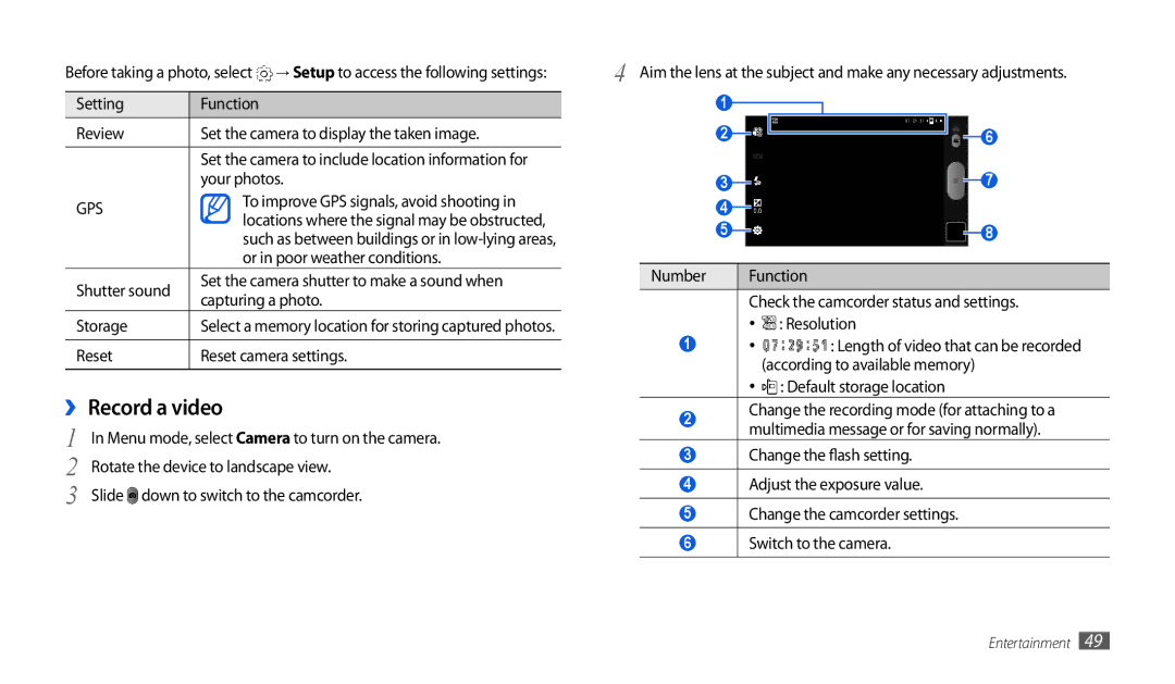 Samsung GT-P1000CWAXEU, GT-P7501UWEDBT user manual ›› Record a video 