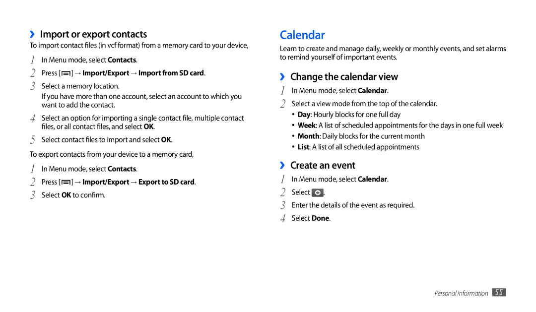 Samsung GT-P1000CWAXEU user manual Calendar, ›› Import or export contacts, ›› Change the calendar view, ›› Create an event 