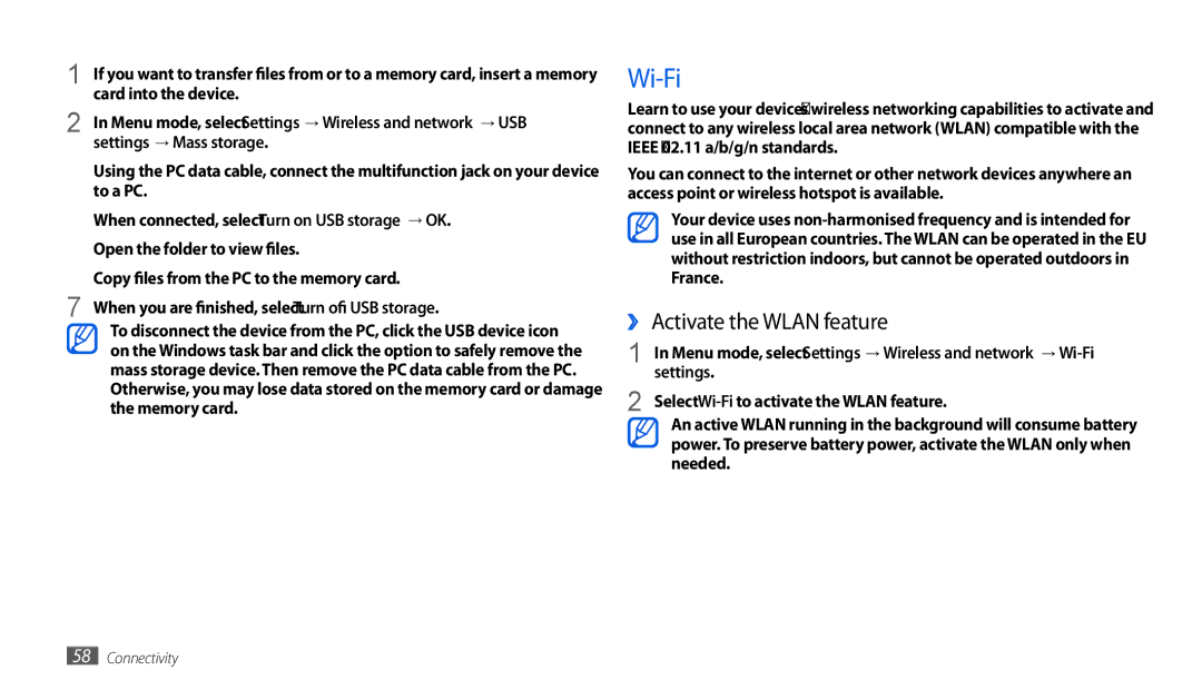 Samsung GT-P7501UWEDBT, GT-P1000CWAXEU user manual Wi-Fi, ›› Activate the Wlan feature, Settings → Mass storage 