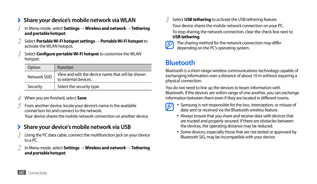 Samsung GT-P7501UWEDBT, GT-P1000CWAXEU user manual Bluetooth, ›› Share your device’s mobile network via Wlan 