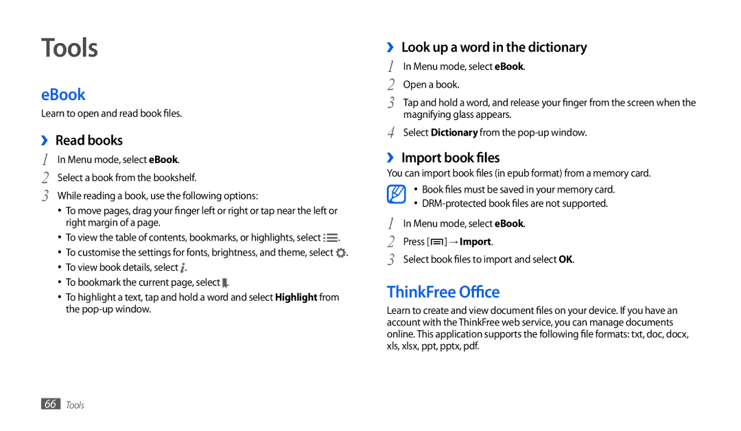 Samsung GT-P7501UWEDBT, GT-P1000CWAXEU user manual Tools, EBook, ThinkFree Office 