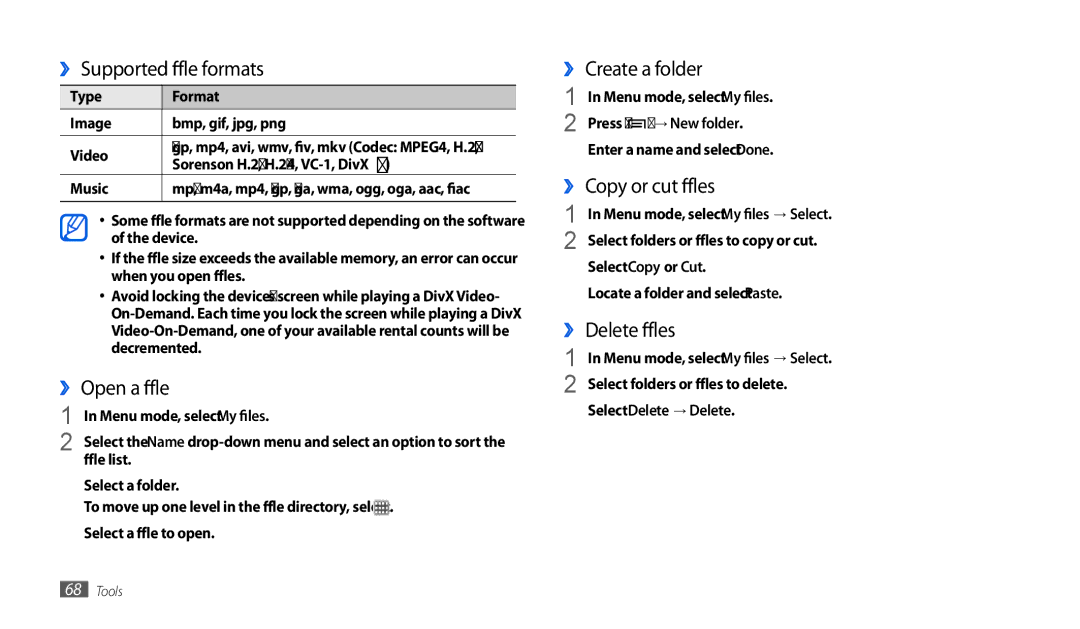 Samsung GT-P7501UWEDBT, GT-P1000CWAXEU ›› Supported file formats, ›› Open a file, ›› Create a folder, ›› Copy or cut files 