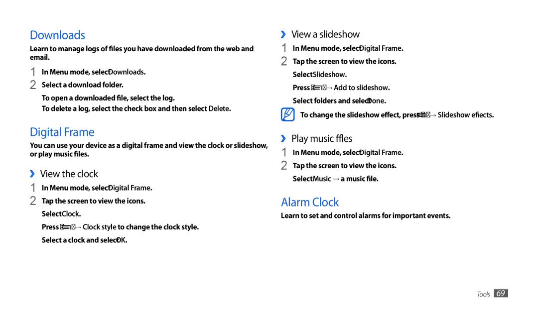 Samsung GT-P1000CWAXEU, GT-P7501UWEDBT user manual Downloads, Digital Frame, Alarm Clock 