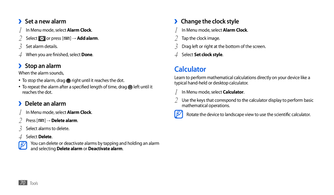 Samsung GT-P7501UWEDBT Calculator, ›› Set a new alarm, ›› Stop an alarm, ›› Delete an alarm, ›› Change the clock style 