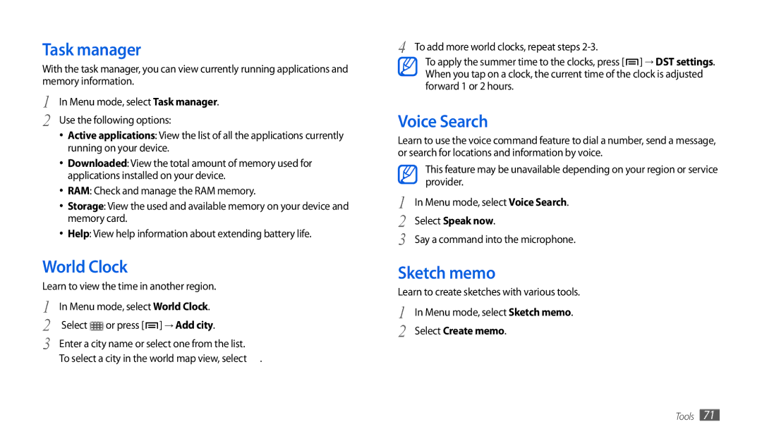 Samsung GT-P1000CWAXEU, GT-P7501UWEDBT user manual Task manager, World Clock, Voice Search, Sketch memo, Select Create memo 