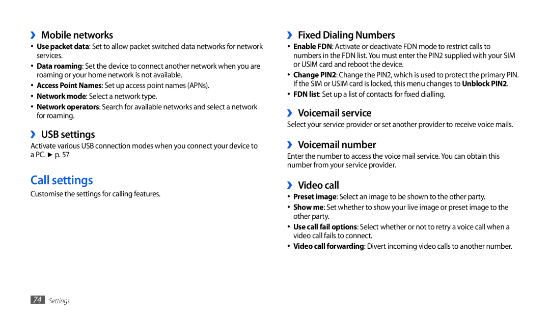 Samsung GT-P7501UWEDBT, GT-P1000CWAXEU user manual Call settings 