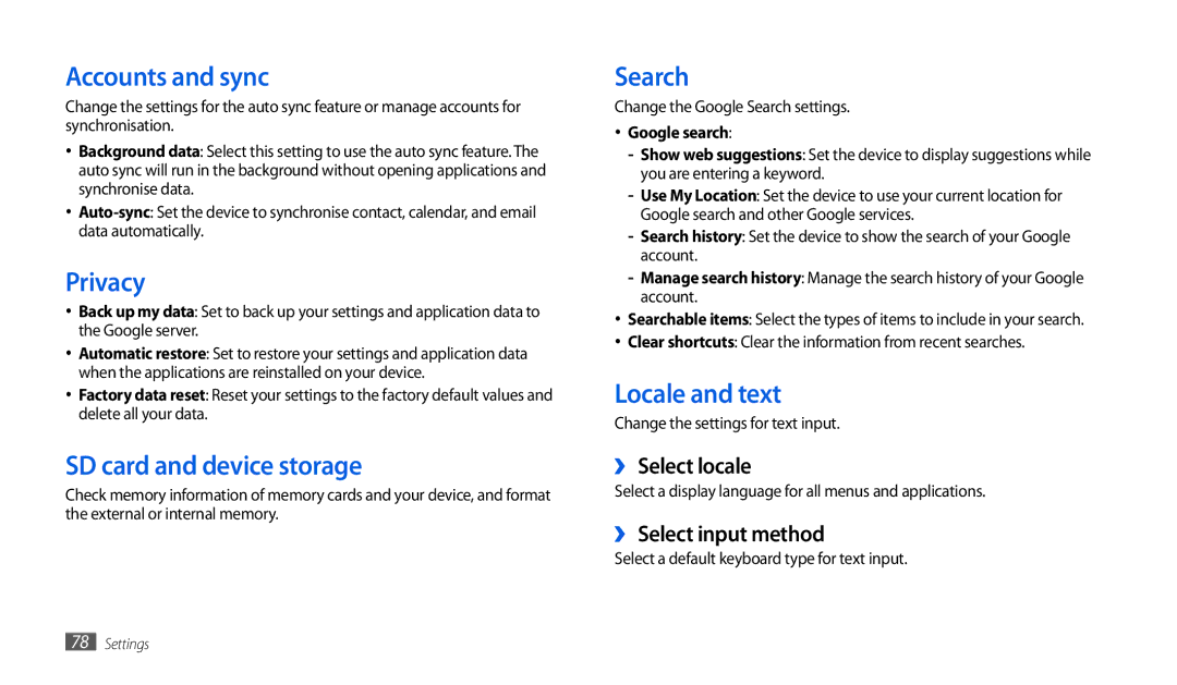 Samsung GT-P7501UWEDBT, GT-P1000CWAXEU Accounts and sync, Privacy, SD card and device storage, Search, Locale and text 