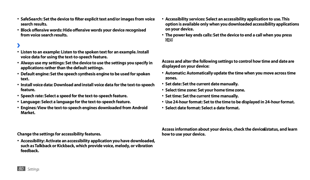 Samsung GT-P7501UWEDBT, GT-P1000CWAXEU user manual Accessibility, Date and time, About device, ›› Text-to-speech settings 