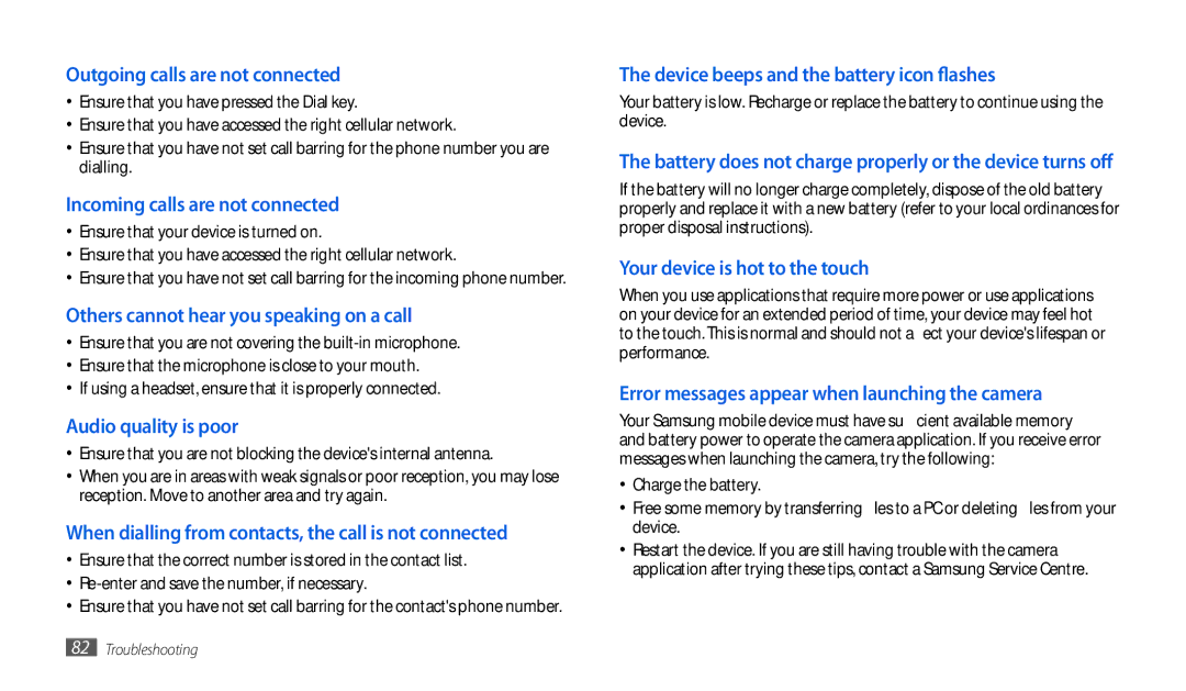 Samsung GT-P7501UWEDBT Outgoing calls are not connected, Incoming calls are not connected, Audio quality is poor 