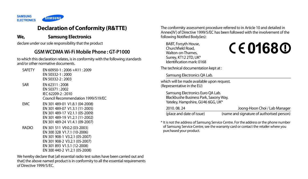 Samsung GT-P1000CWAXEU, GT-P7501UWEDBT user manual Declaration of Conformity R&TTE 