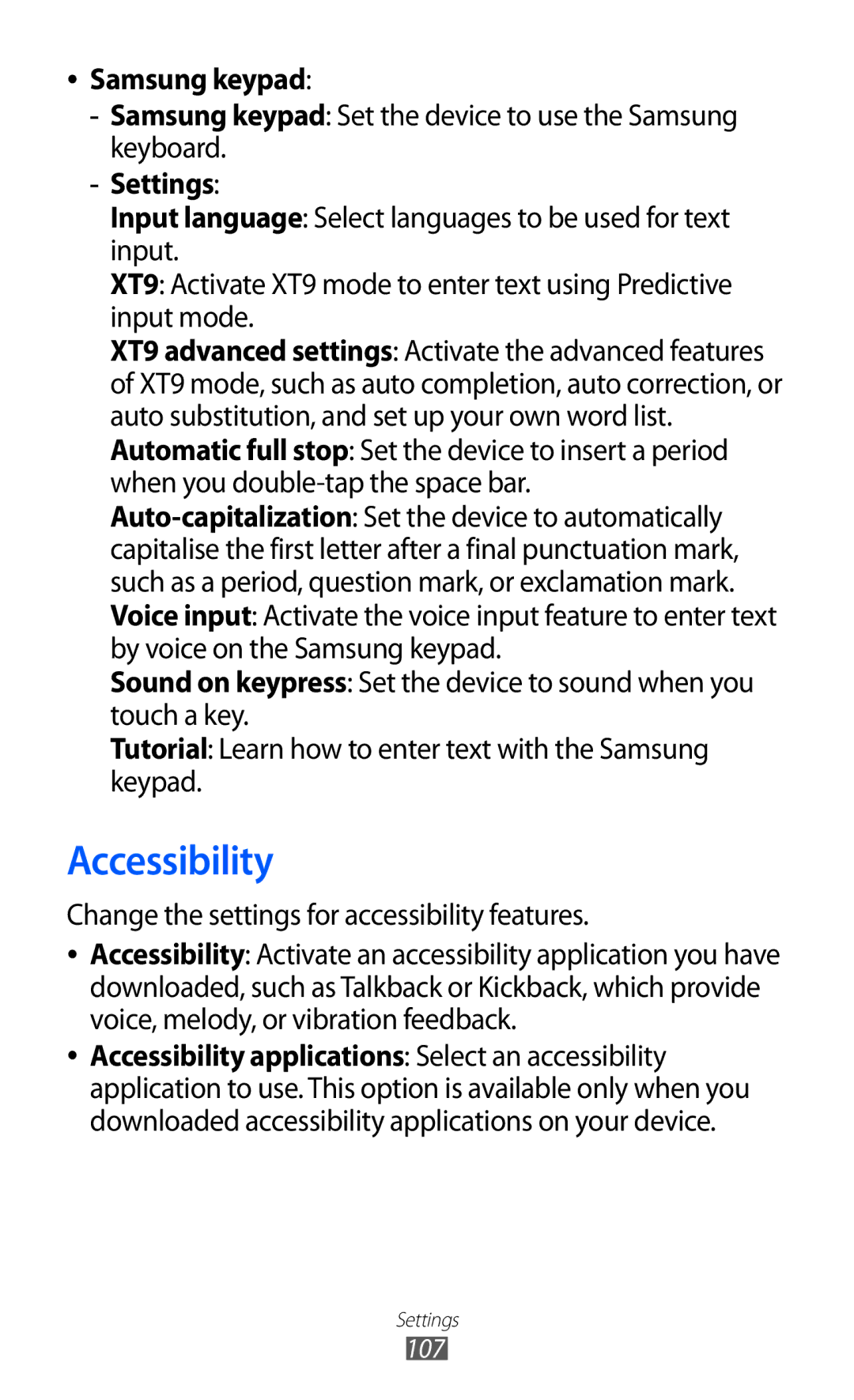 Samsung GT-P7501FKDVIA, GT-P7501UWEDBT manual Accessibility, Samsung keypad Set the device to use the Samsung keyboard 