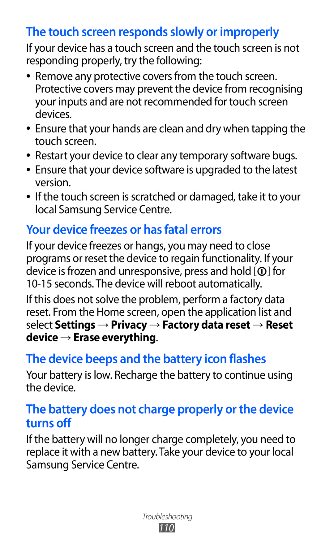 Samsung GT-P7501FKDDTM, GT-P7501UWEDBT, GT-P7501UWDVIA, GT-P7501UWDDBT manual Device beeps and the battery icon flashes 