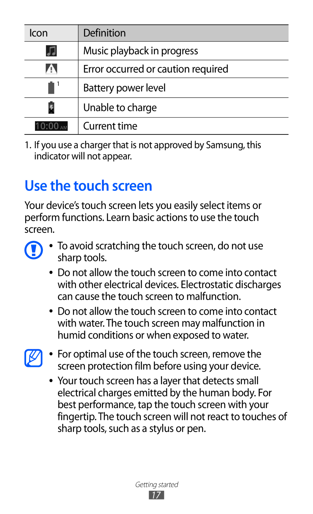 Samsung GT-P7501FKDDBT, GT-P7501UWEDBT, GT-P7501UWDVIA, GT-P7501FKDDTM, GT-P7501UWDDBT, GT-P7501FKDVD2 Use the touch screen 