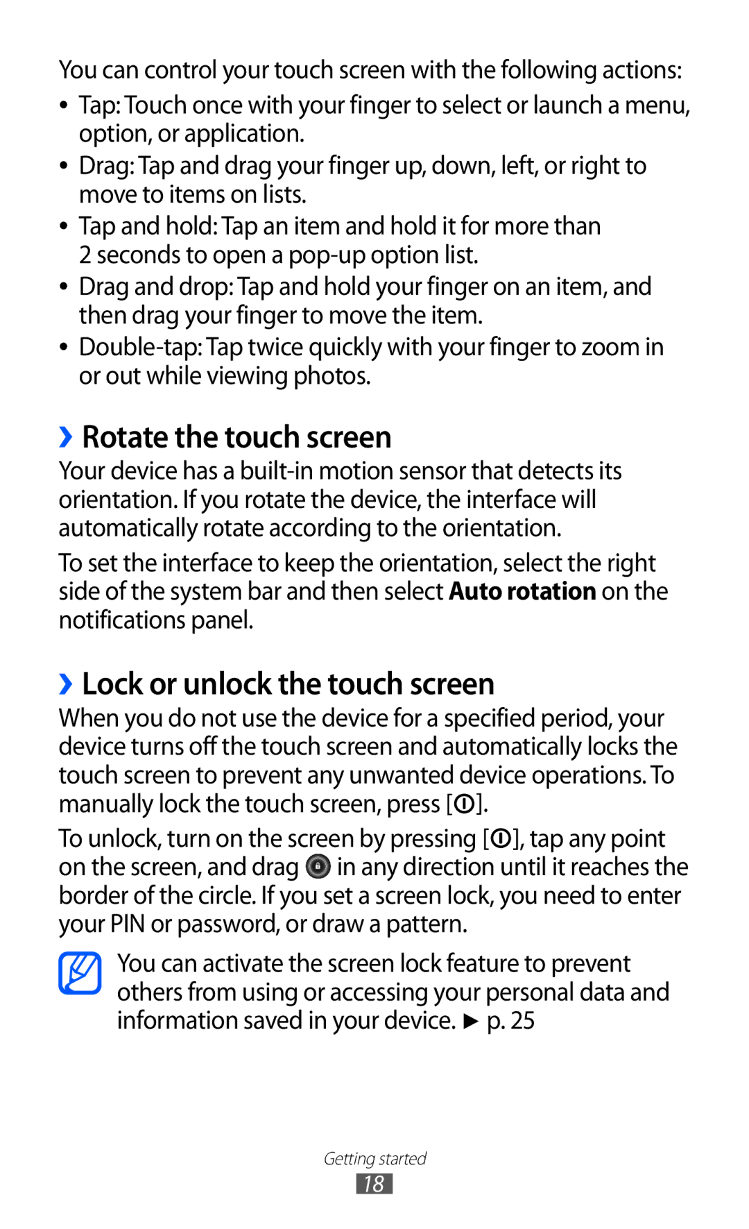 Samsung GT-P7501UWADBT, GT-P7501UWEDBT, GT-P7501UWDVIA manual ››Rotate the touch screen, ››Lock or unlock the touch screen 