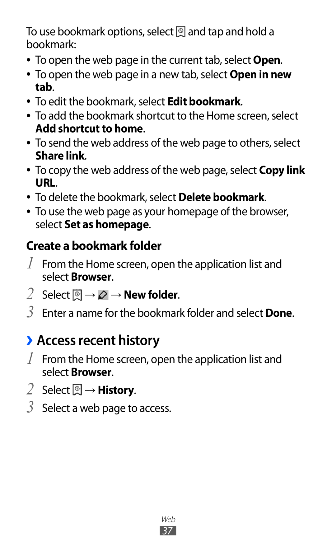 Samsung GT-P7501UWDVIA manual ››Access recent history, To use bookmark options, select and tap and hold a bookmark, Tab 