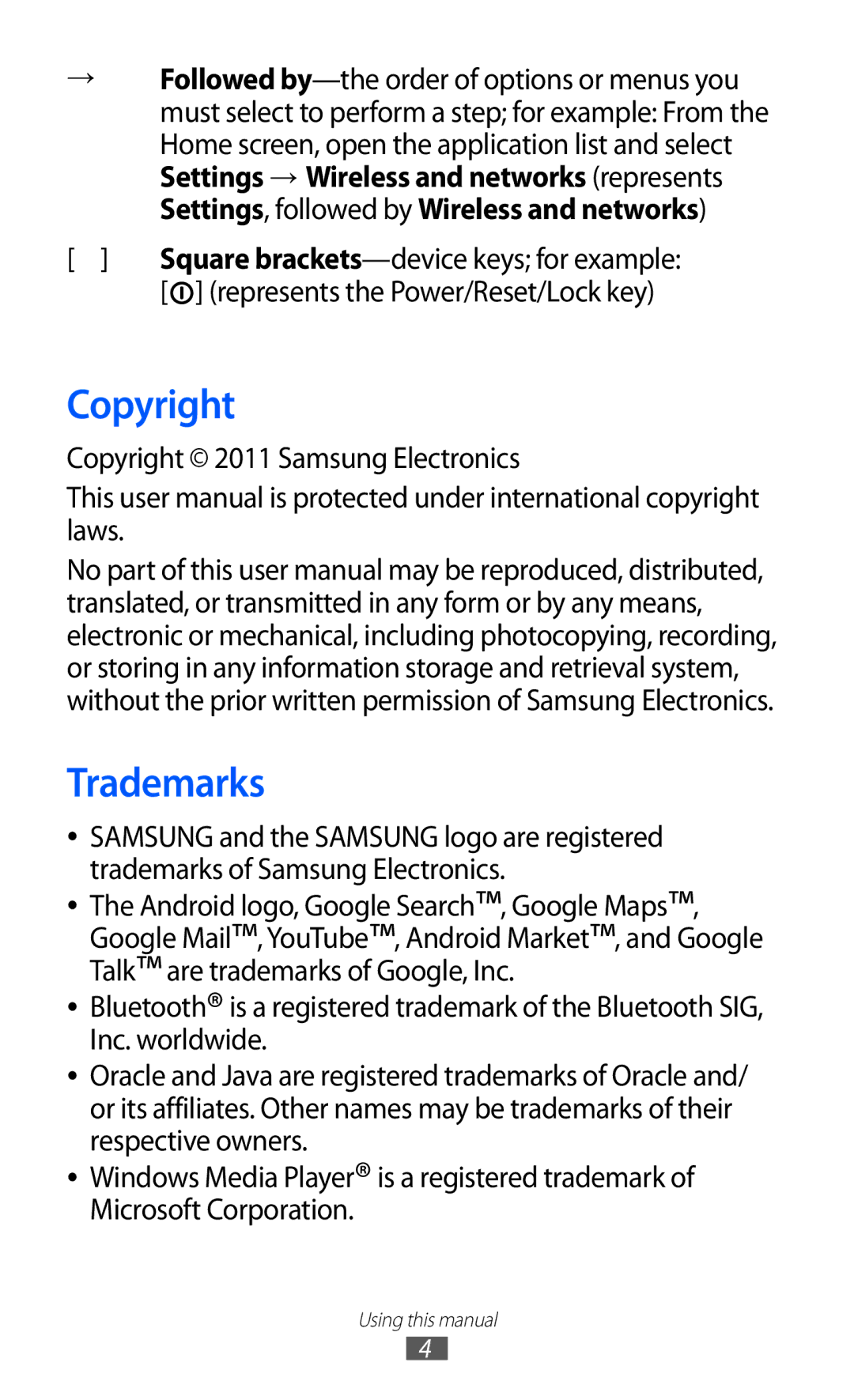 Samsung GT-P7501FKDVD2, GT-P7501UWEDBT, GT-P7501UWDVIA, GT-P7501FKDDTM Trademarks, Copyright 2011 Samsung Electronics 