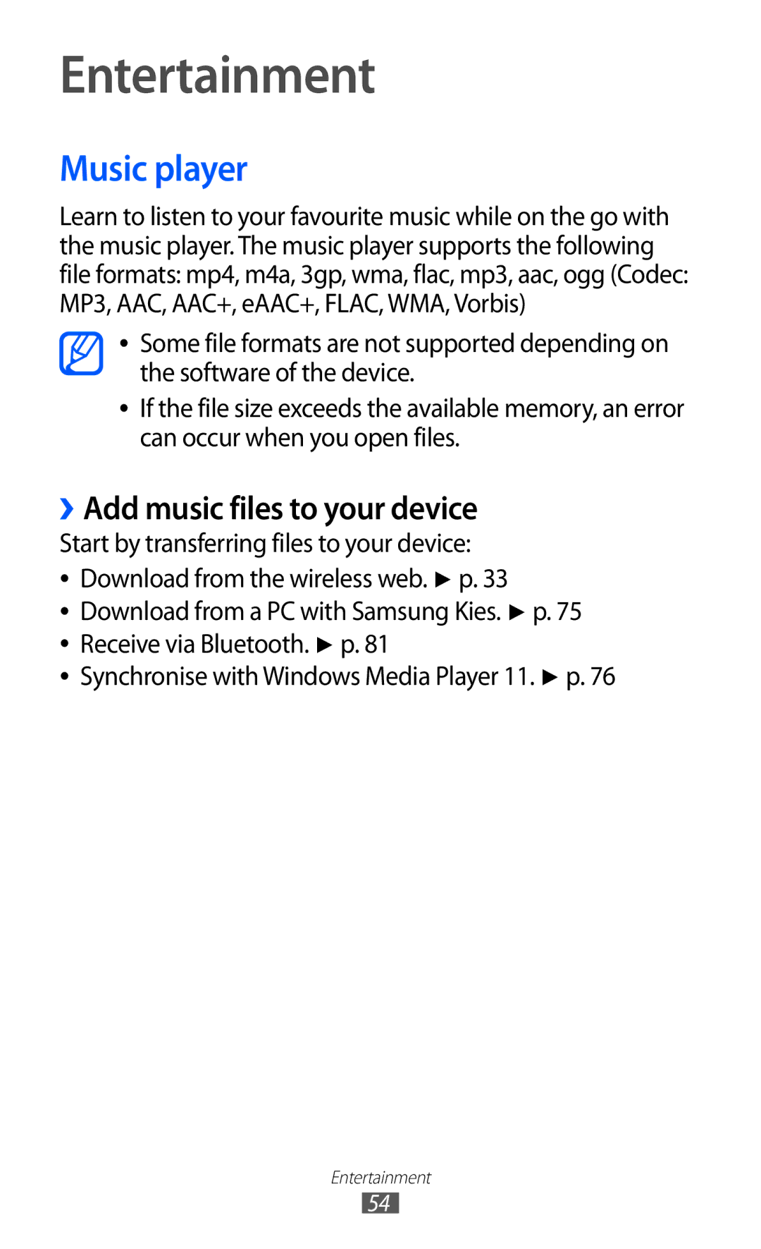 Samsung GT-P7501UWADBT, GT-P7501UWEDBT, GT-P7501UWDVIA manual Entertainment, Music player, ››Add music files to your device 