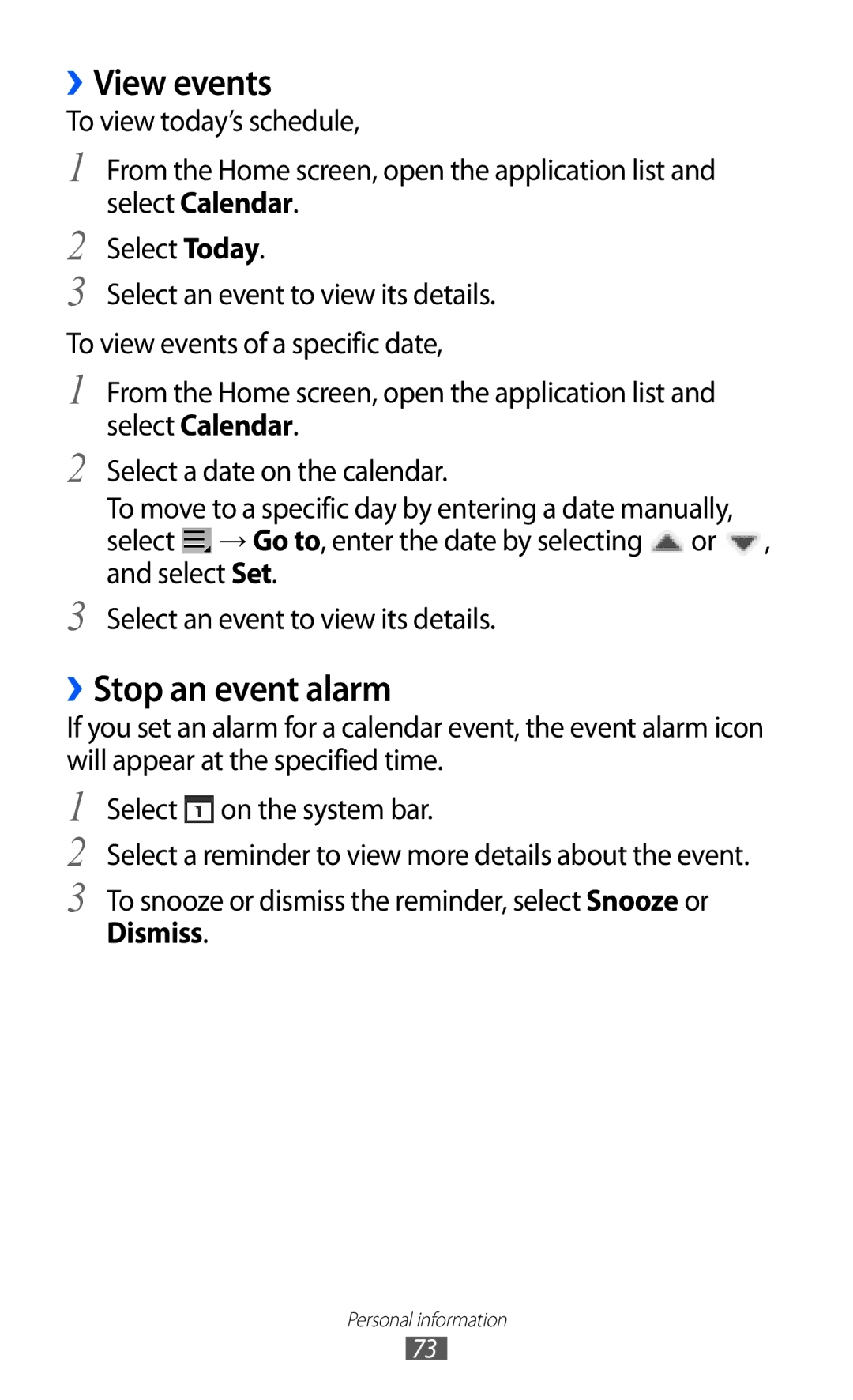 Samsung GT-P7501UWDVIA, GT-P7501UWEDBT, GT-P7501FKDDTM, GT-P7501UWDDBT manual ››View events, ››Stop an event alarm, Dismiss 