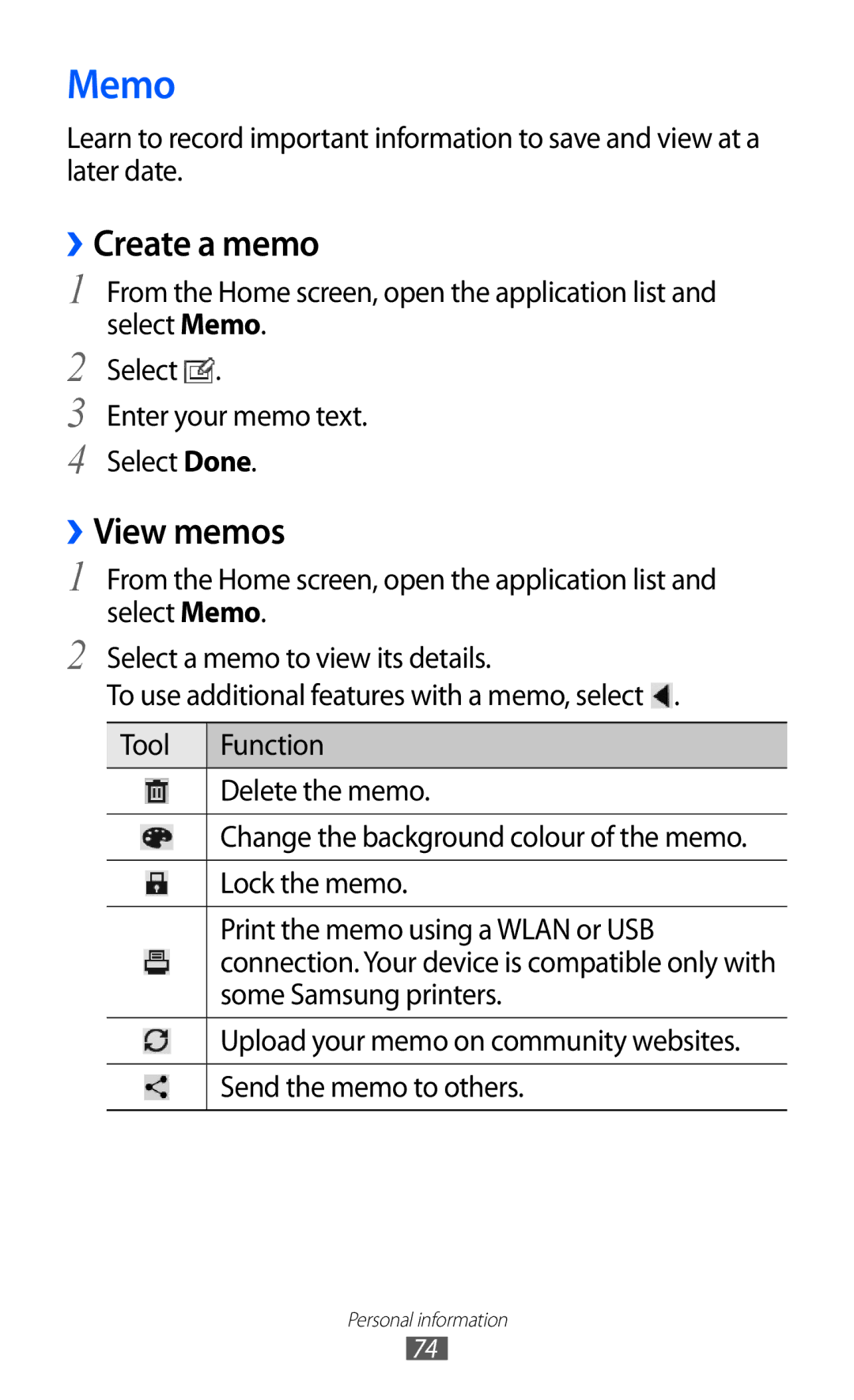 Samsung GT-P7501FKDDTM, GT-P7501UWEDBT, GT-P7501UWDVIA, GT-P7501UWDDBT, GT-P7501FKDVD2 Memo, ››Create a memo, ››View memos 