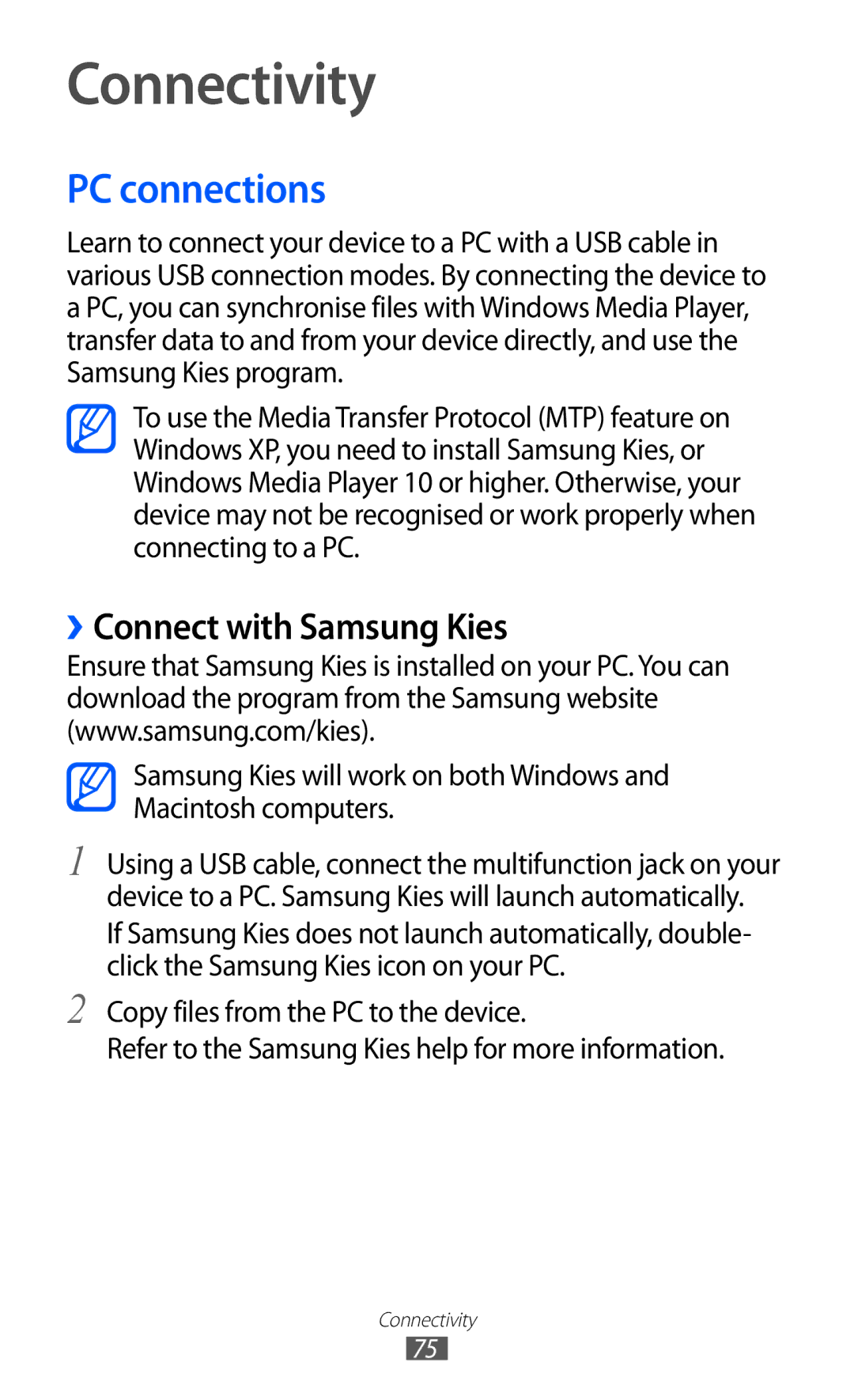 Samsung GT-P7501UWDDBT, GT-P7501UWEDBT, GT-P7501UWDVIA manual Connectivity, PC connections, ››Connect with Samsung Kies 