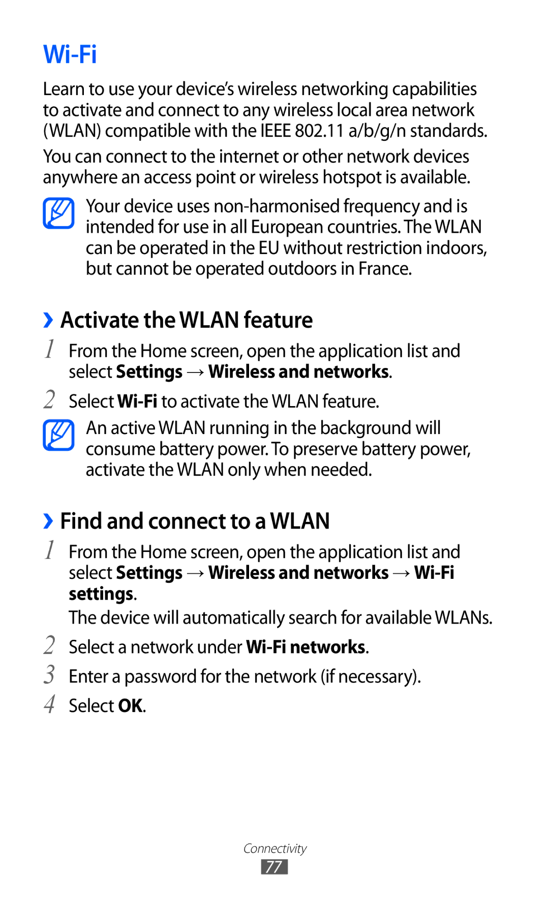 Samsung GT-P7501FKDDBT, GT-P7501UWEDBT, GT-P7501UWDVIA Wi-Fi, ››Activate the Wlan feature, ››Find and connect to a Wlan 