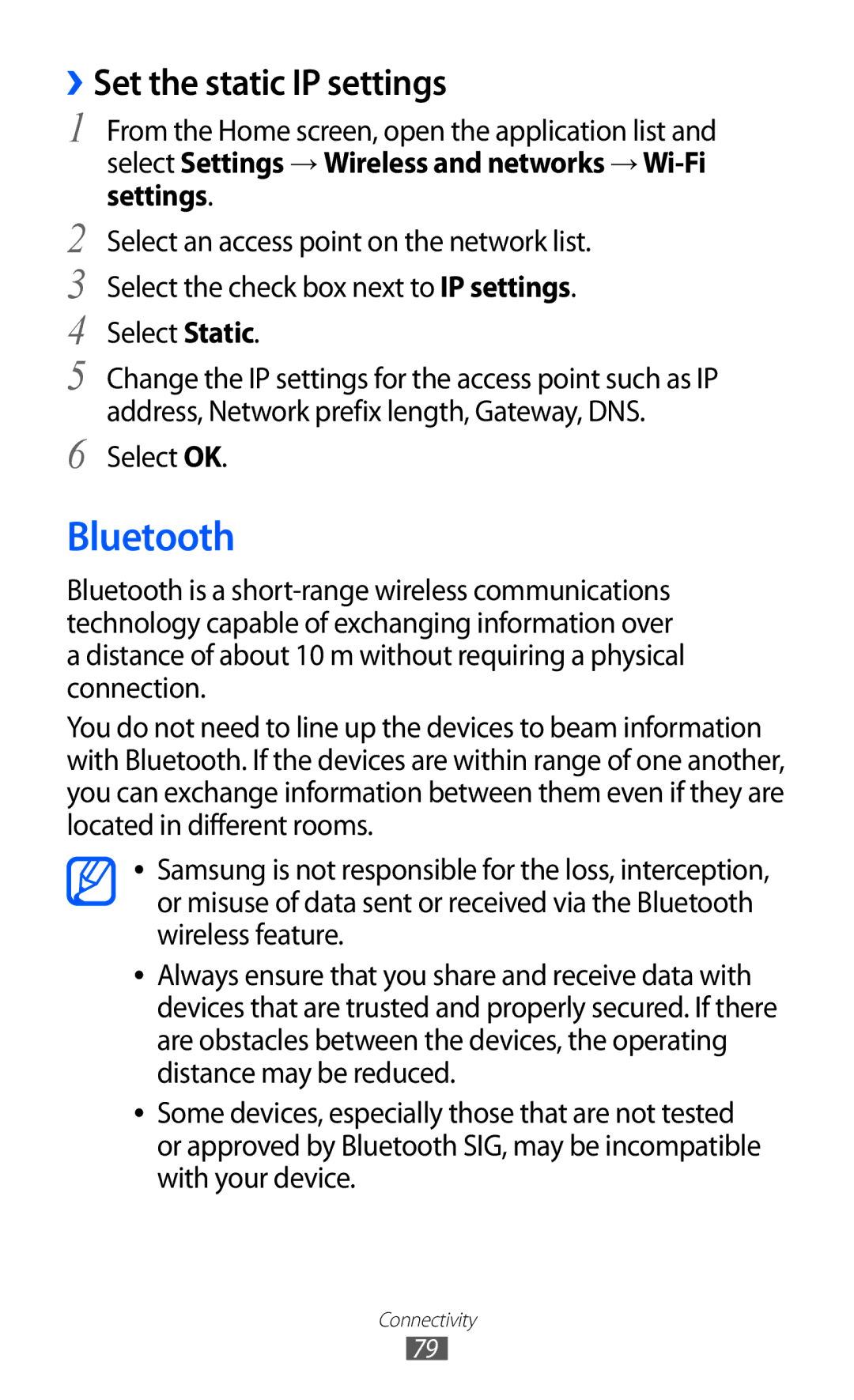 Samsung GT-P7501FKEDBT, GT-P7501UWEDBT, GT-P7501UWDVIA, GT-P7501FKDDTM manual Bluetooth, ››Set the static IP settings 