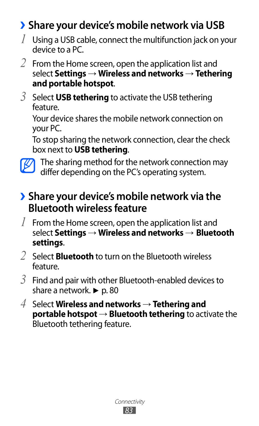 Samsung GT-P7501FKDVIA, GT-P7501UWEDBT manual Bluetooth wireless feature, ››Share your device’s mobile network via USB 