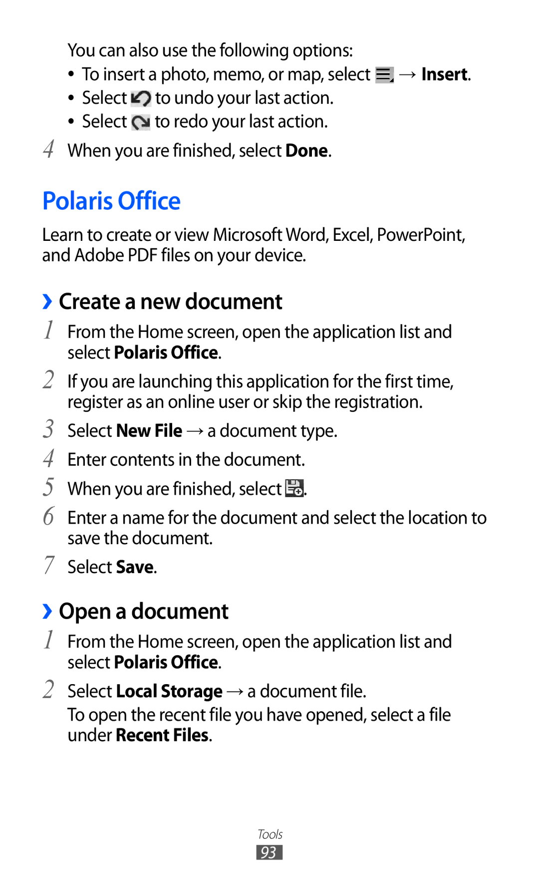 Samsung GT-P7501UWDVD2, GT-P7501UWEDBT, GT-P7501UWDVIA manual Polaris Office, ››Create a new document, ››Open a document 