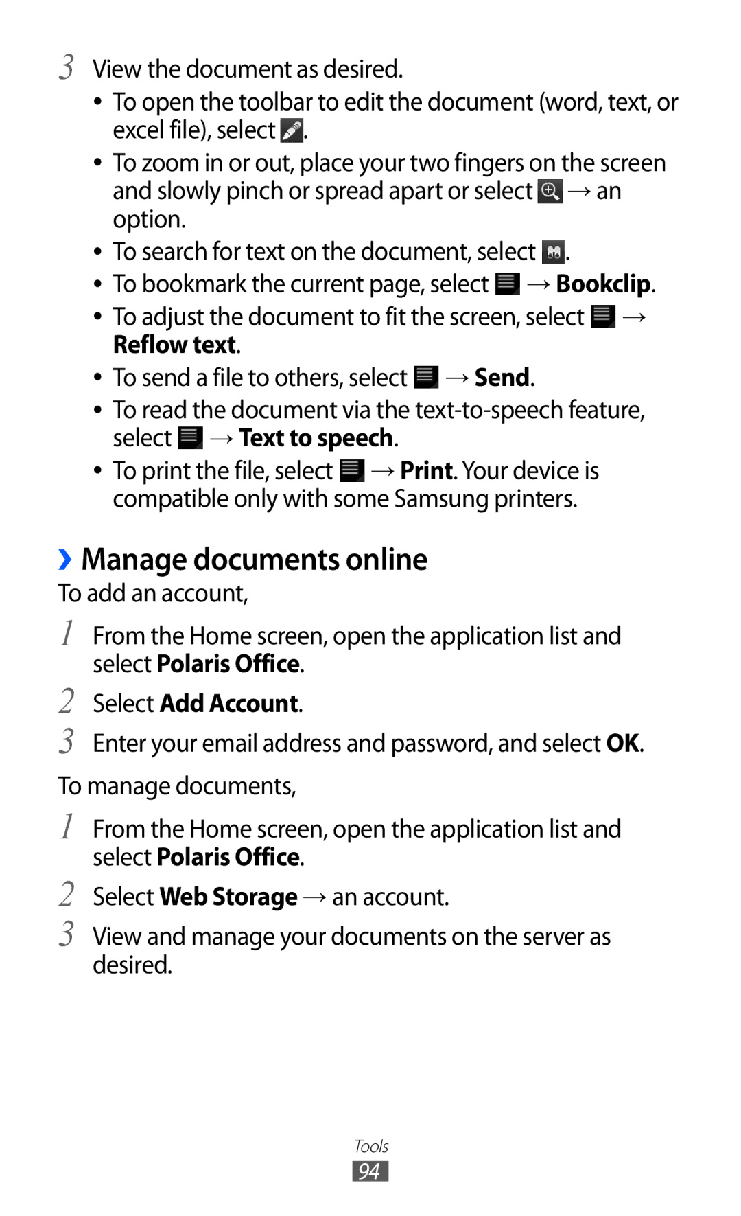 Samsung GT-P7501UWDDTM, GT-P7501UWEDBT, GT-P7501UWDVIA, GT-P7501FKDDTM manual ››Manage documents online, Select Add Account 