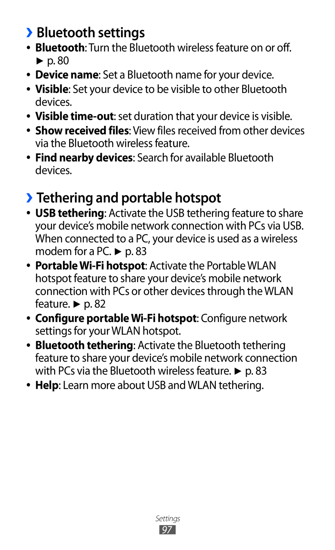 Samsung GT-P7501UWDVIA, GT-P7501UWEDBT, GT-P7501FKDDTM manual ››Bluetooth settings, ››Tethering and portable hotspot 