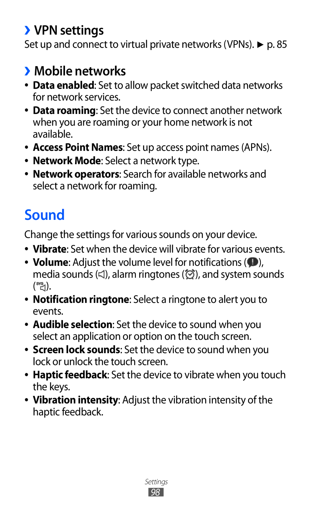 Samsung GT-P7501FKDDTM, GT-P7501UWEDBT, GT-P7501UWDVIA, GT-P7501UWDDBT manual Sound, ››VPN settings, ››Mobile networks 