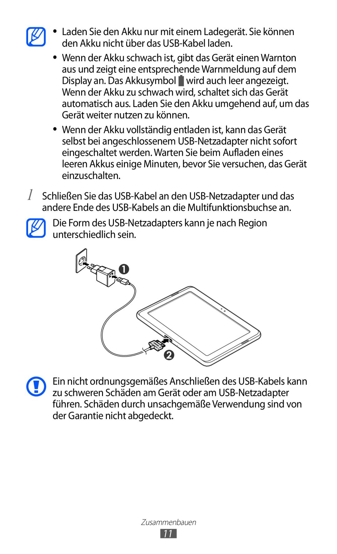 Samsung GT-P7501FKDVIA, GT-P7501UWEDBT manual Die Form des USB-Netzadapters kann je nach Region unterschiedlich sein 
