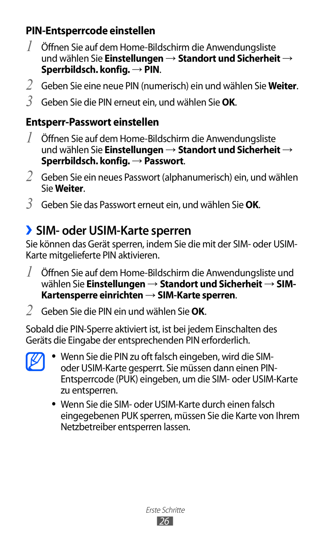 Samsung GT-P7501FKDDTM manual ››SIM- oder USIM-Karte sperren, PIN-Entsperrcode einstellen, Entsperr-Passwort einstellen 