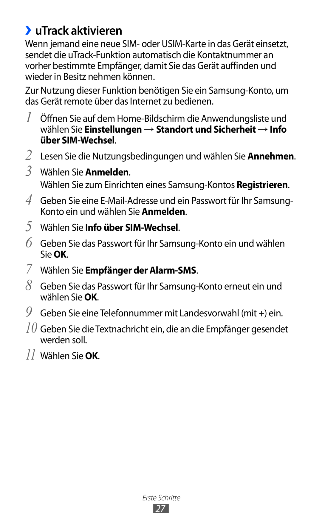 Samsung GT-P7501UWDDBT manual ››uTrack aktivieren, Wählen Sie Info über SIM-Wechsel, Wählen Sie Empfänger der Alarm-SMS 