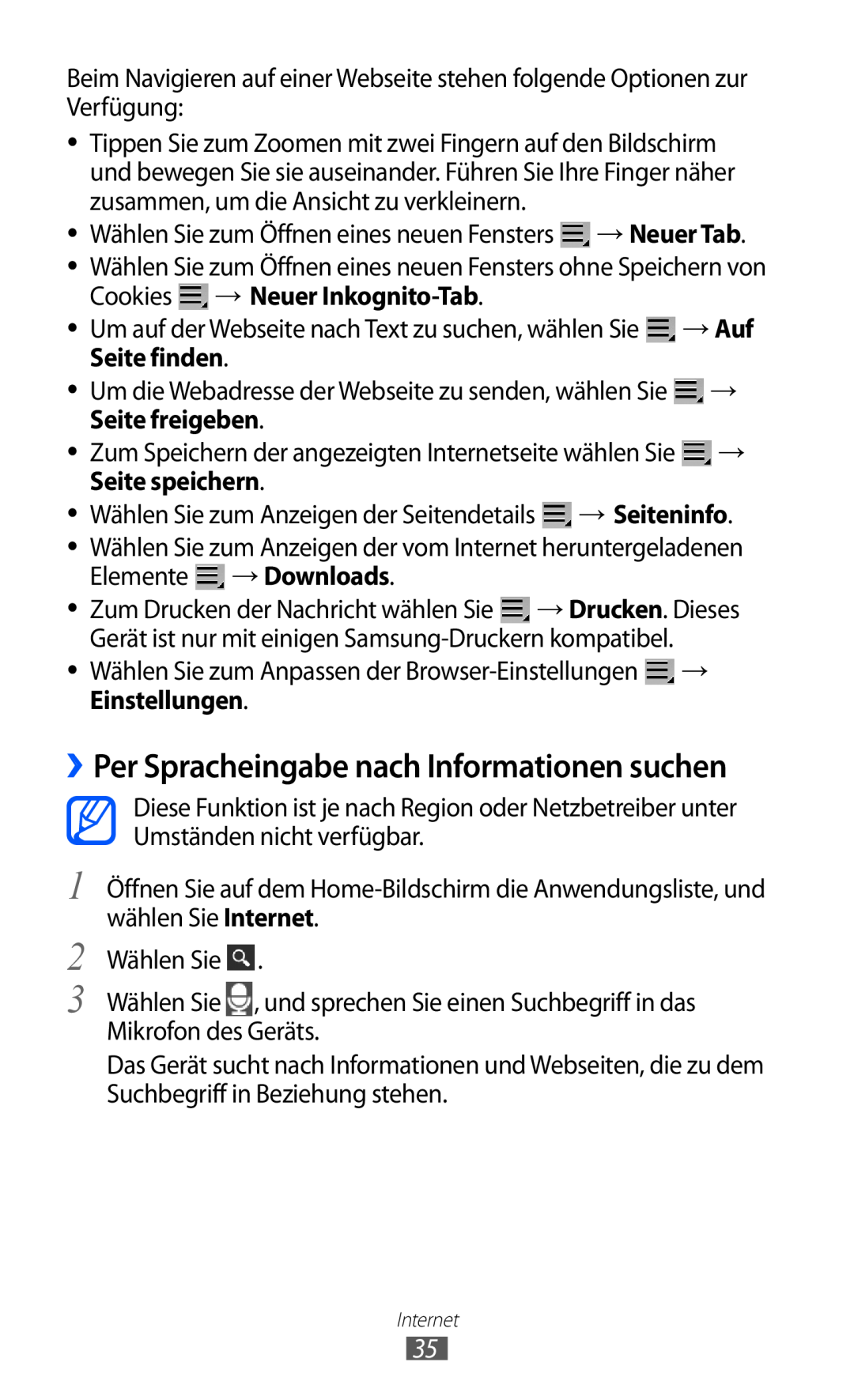Samsung GT-P7501FKDVIA manual ››Per Spracheingabe nach Informationen suchen, → Neuer Inkognito-Tab, → Auf, Seite finden 