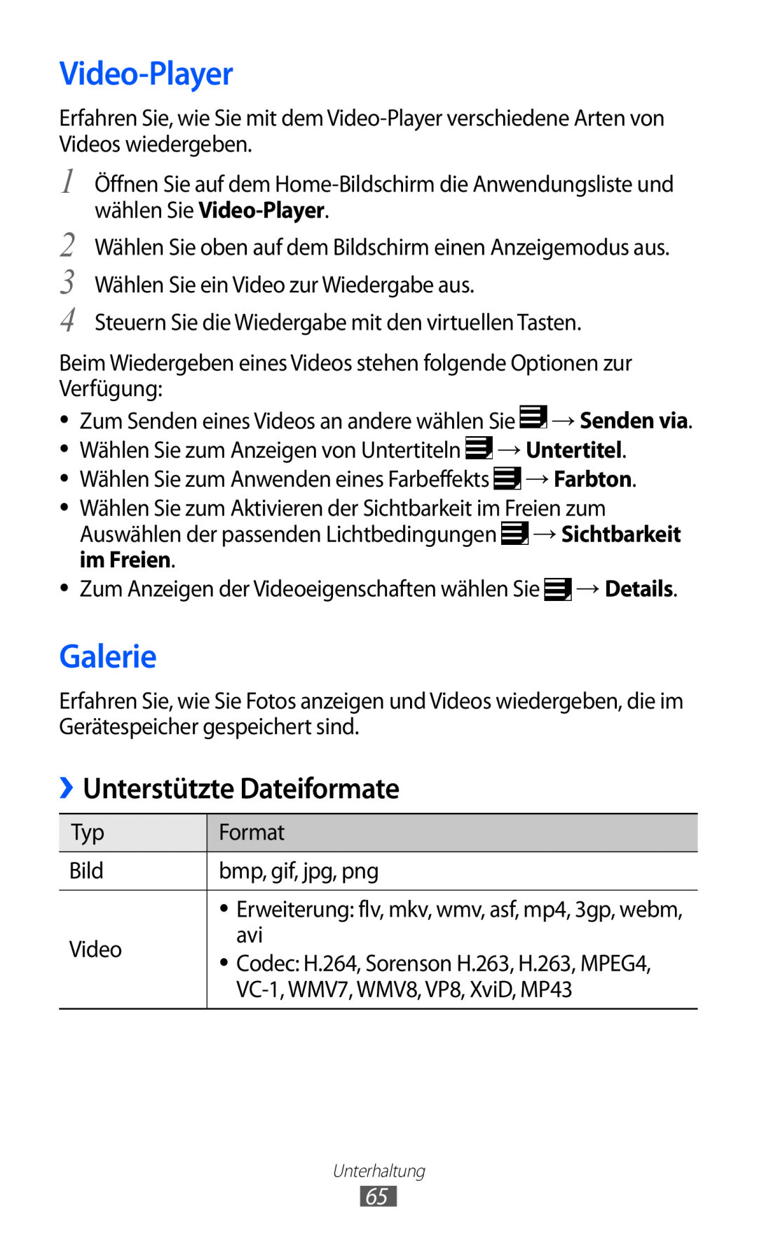Samsung GT-P7501FKDDBT, GT-P7501UWEDBT, GT-P7501UWDVIA, GT-P7501FKDDTM manual Video-Player, Galerie, Unterstützte Dateiformate 