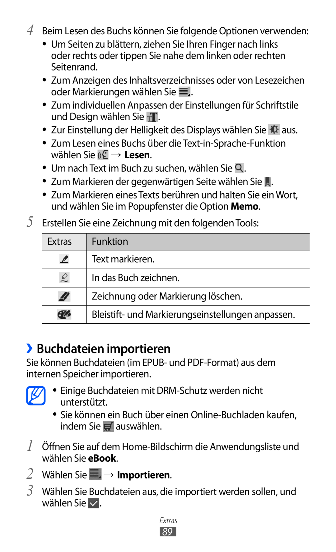 Samsung GT-P7501FKDDBT manual ››Buchdateien importieren, Beim Lesen des Buchs können Sie folgende Optionen verwenden 