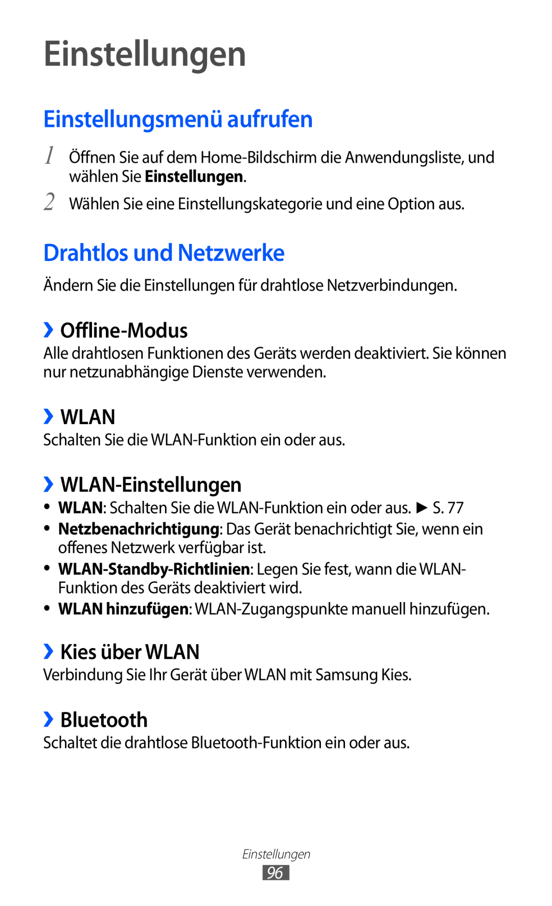 Samsung GT-P7501UWEDBT manual Einstellungen, Einstellungsmenü aufrufen, Drahtlos und Netzwerke, ››Offline-Modus, ››Wlan 