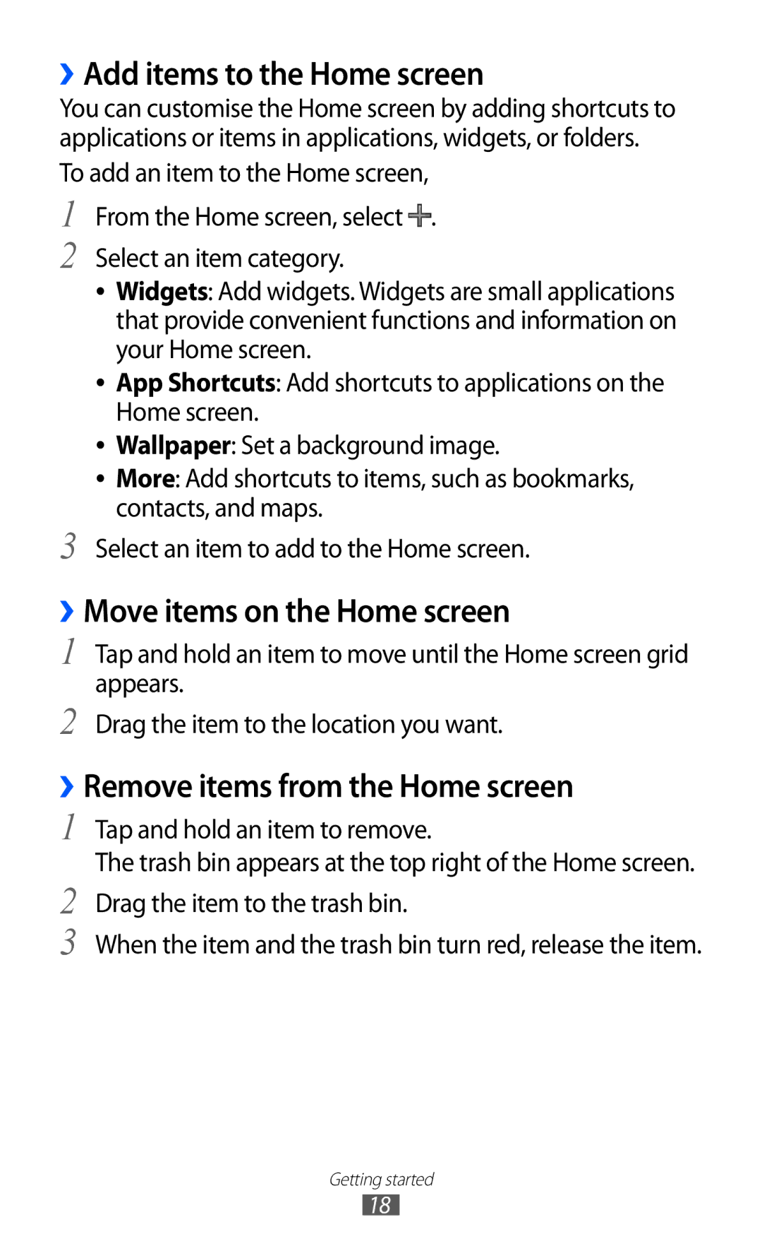 Samsung GT-P7510 ››Add items to the Home screen, ››Move items on the Home screen, ››Remove items from the Home screen 