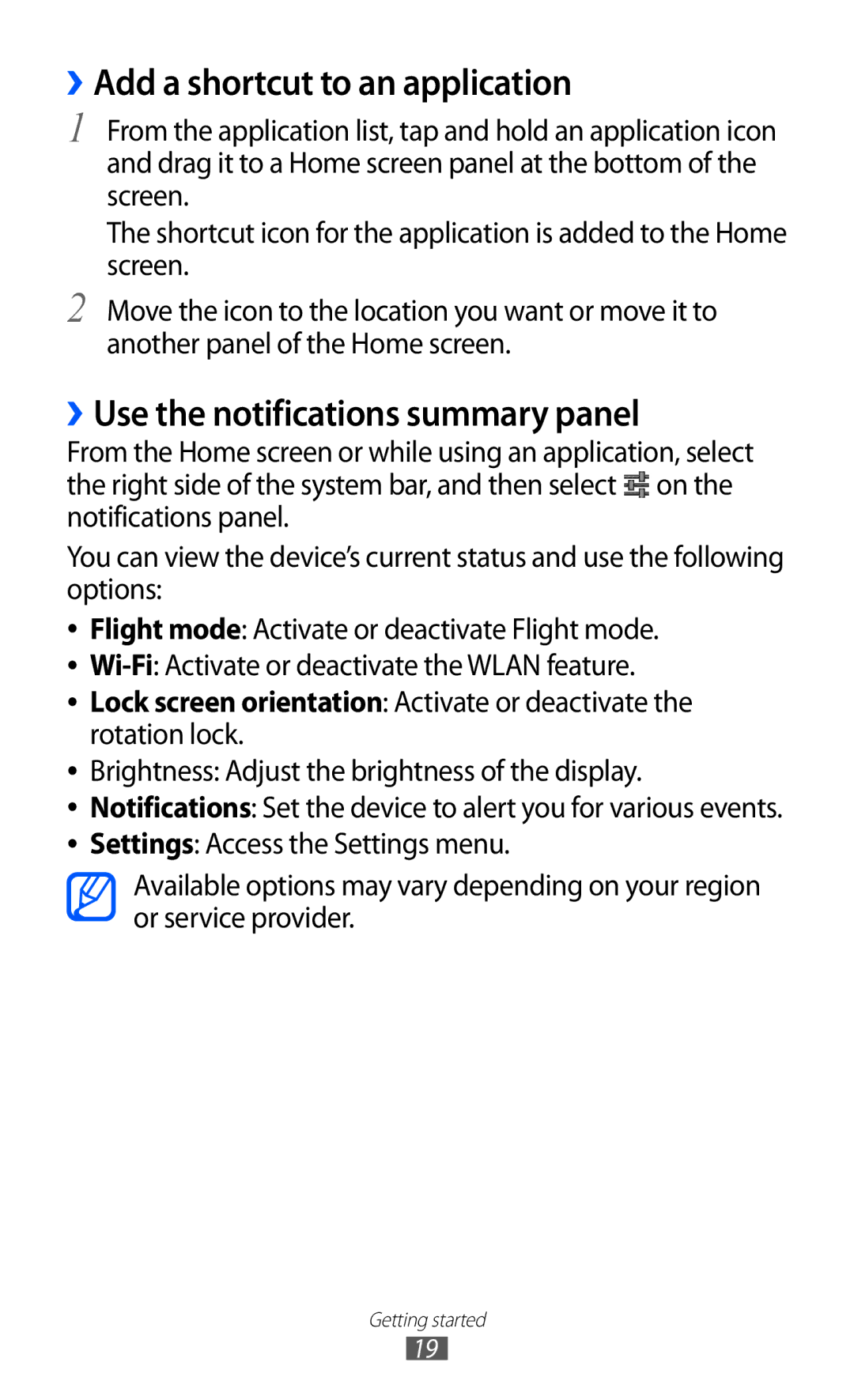 Samsung GT-P7510 user manual ››Add a shortcut to an application, ››Use the notifications summary panel 