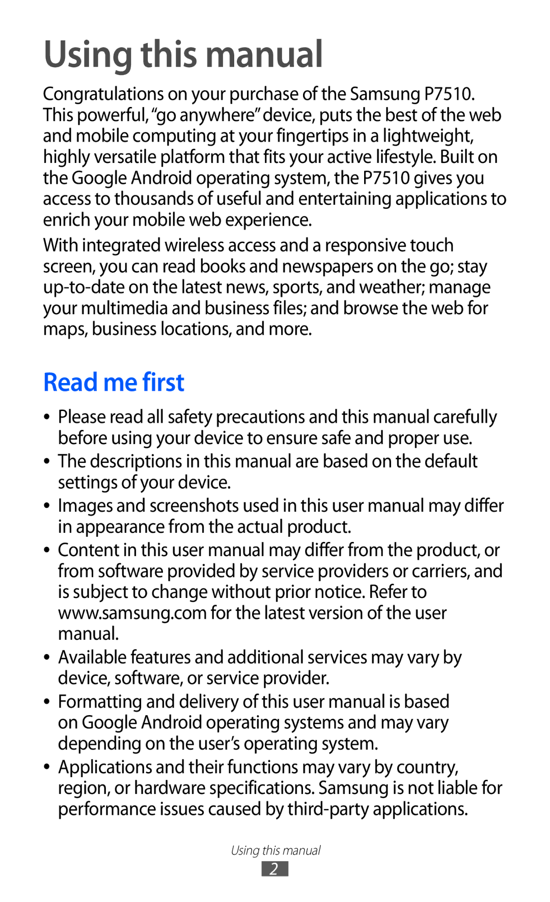 Samsung GT-P7510 user manual Using this manual, Read me first 