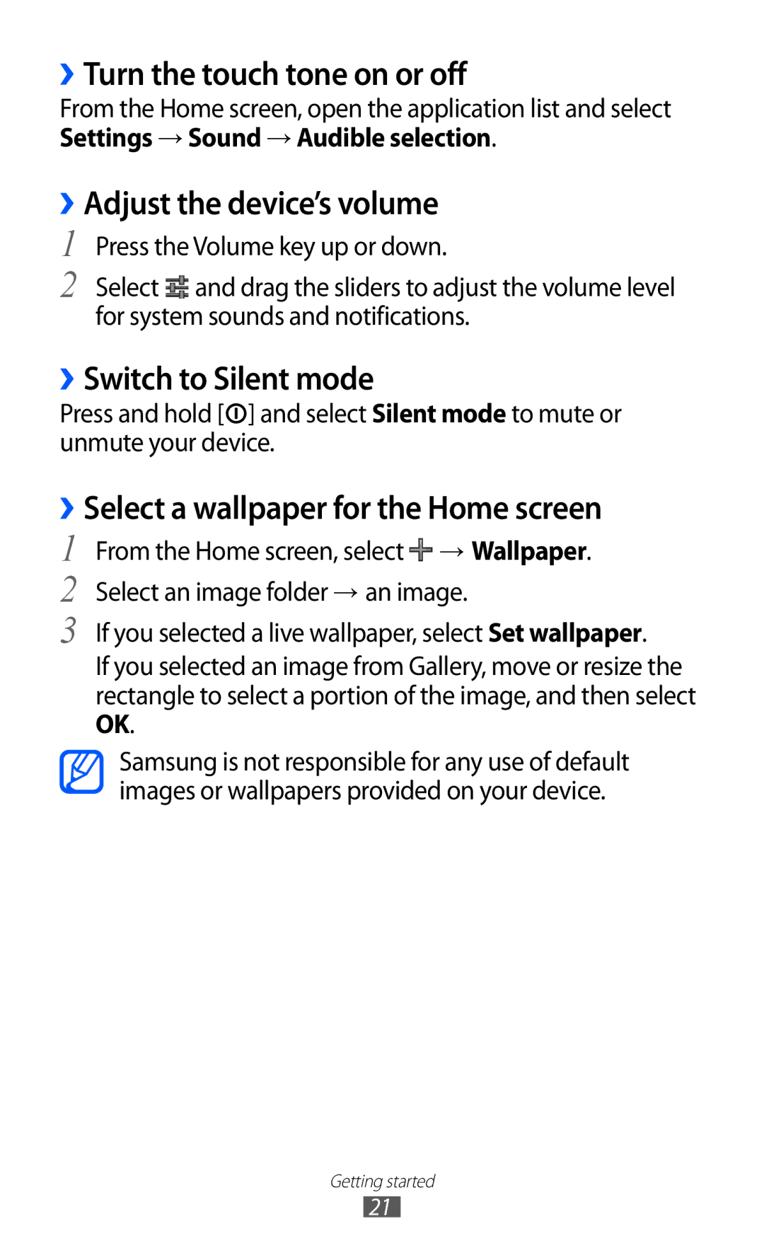 Samsung GT-P7510 user manual ››Turn the touch tone on or off, ››Adjust the device’s volume, ››Switch to Silent mode 