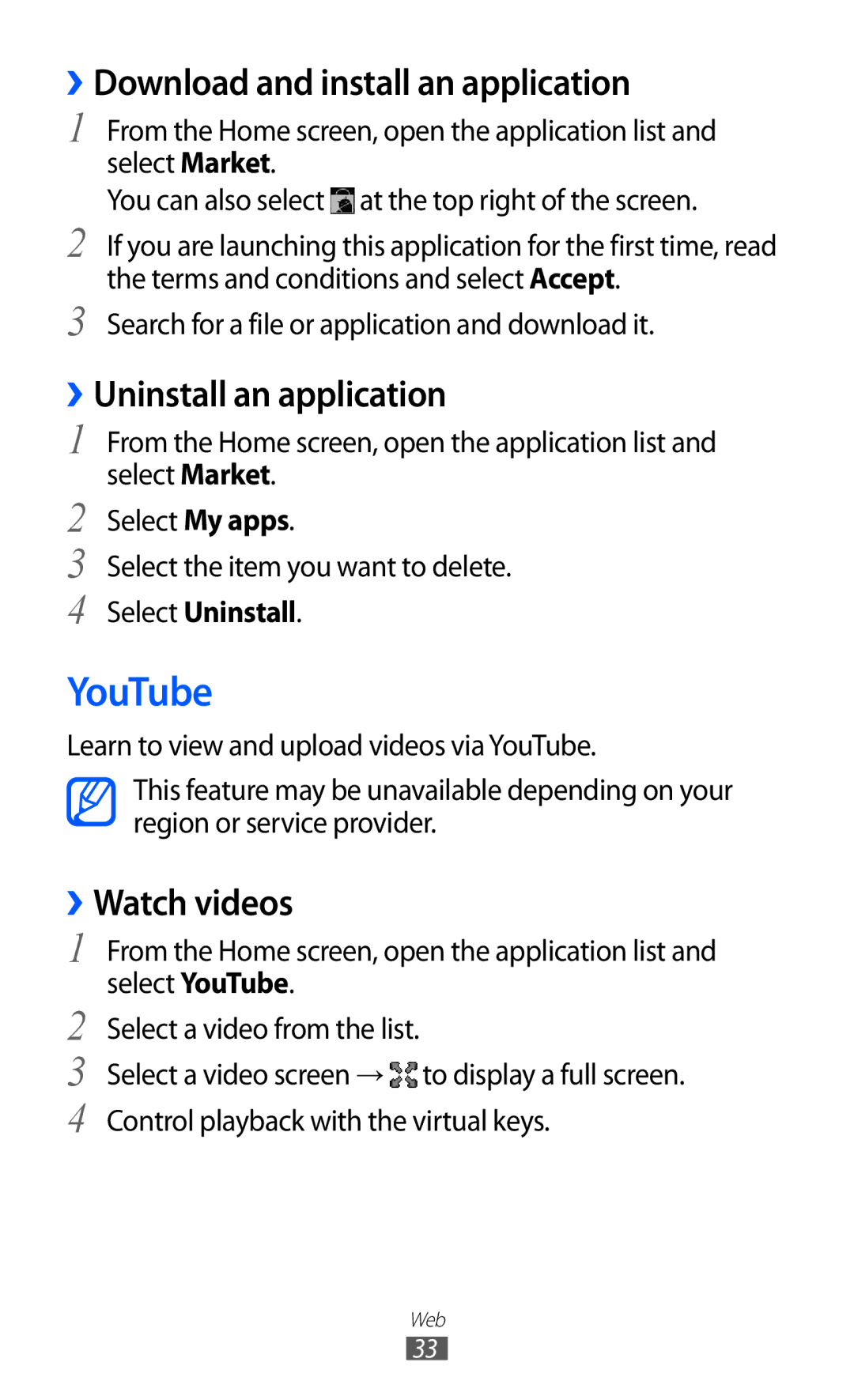 Samsung GT-P7510 user manual YouTube, ››Download and install an application, ››Uninstall an application, ››Watch videos 