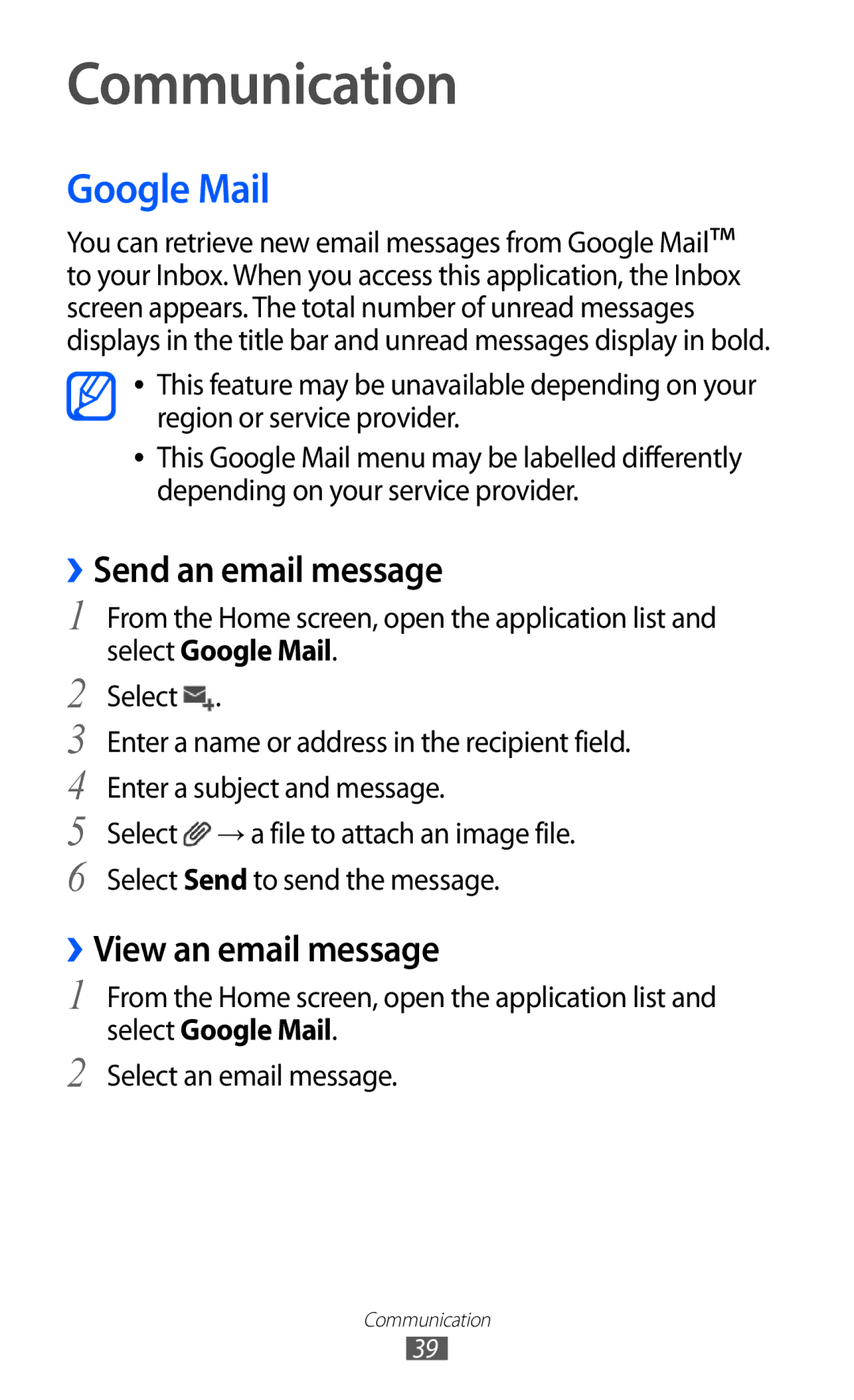 Samsung GT-P7510 user manual Communication, Google Mail, ››Send an email message, ››View an email message 