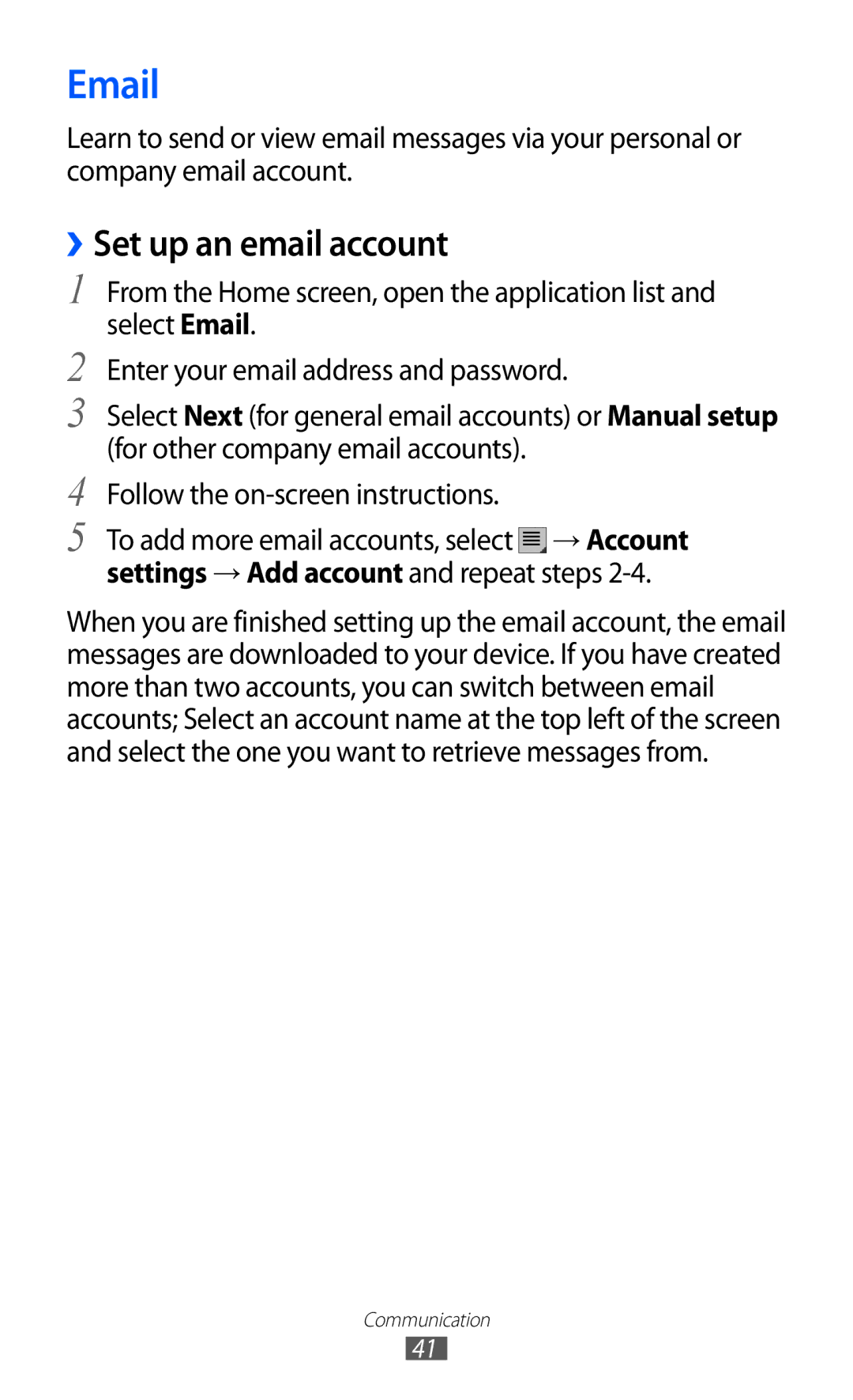 Samsung GT-P7510 user manual ››Set up an email account, Settings → Add account and repeat steps 