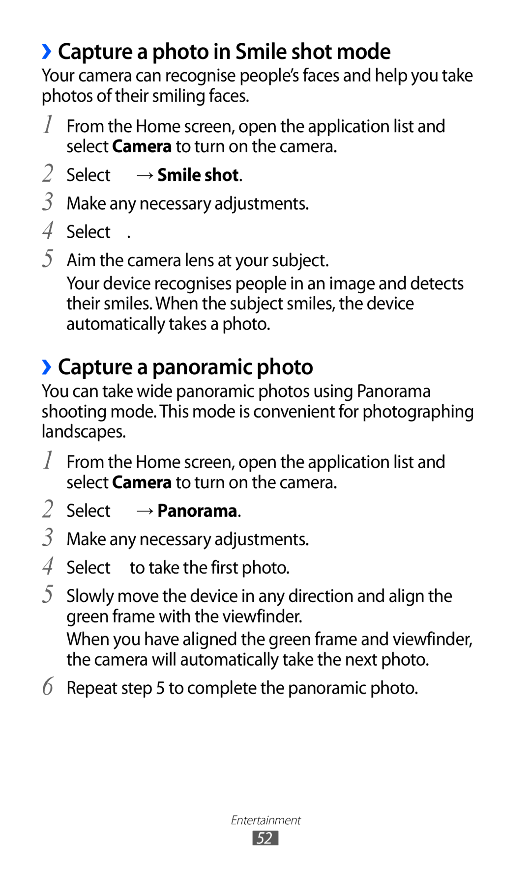 Samsung GT-P7510 user manual ››Capture a photo in Smile shot mode, ››Capture a panoramic photo, Select → Smile shot 