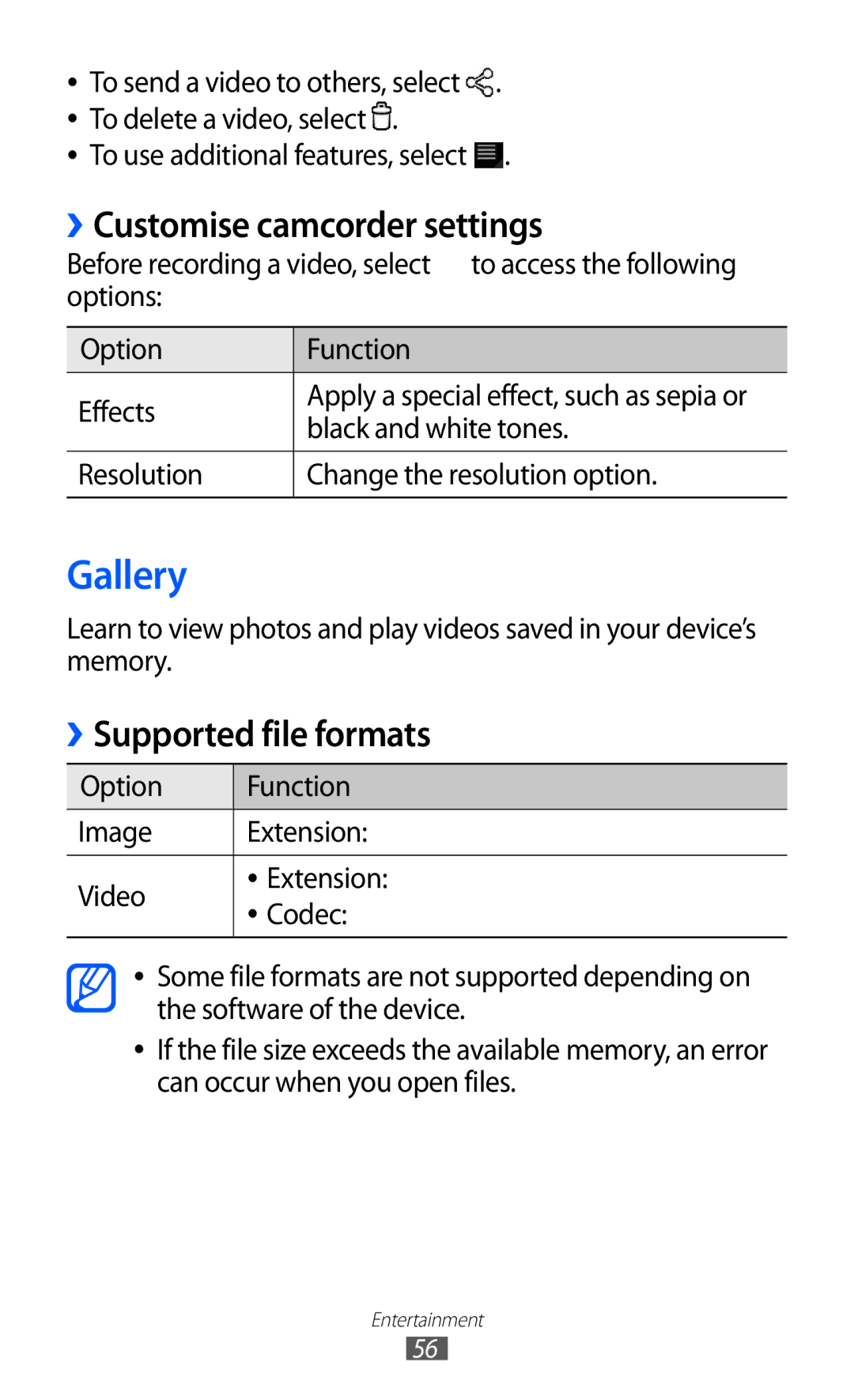 Samsung GT-P7510 user manual Gallery, ››Customise camcorder settings, ››Supported file formats 