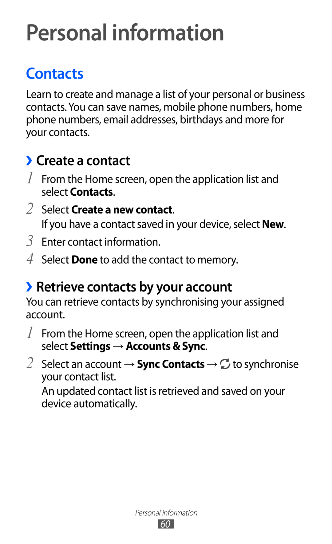 Samsung GT-P7510 user manual Personal information, Contacts, ››Create a contact, ››Retrieve contacts by your account 