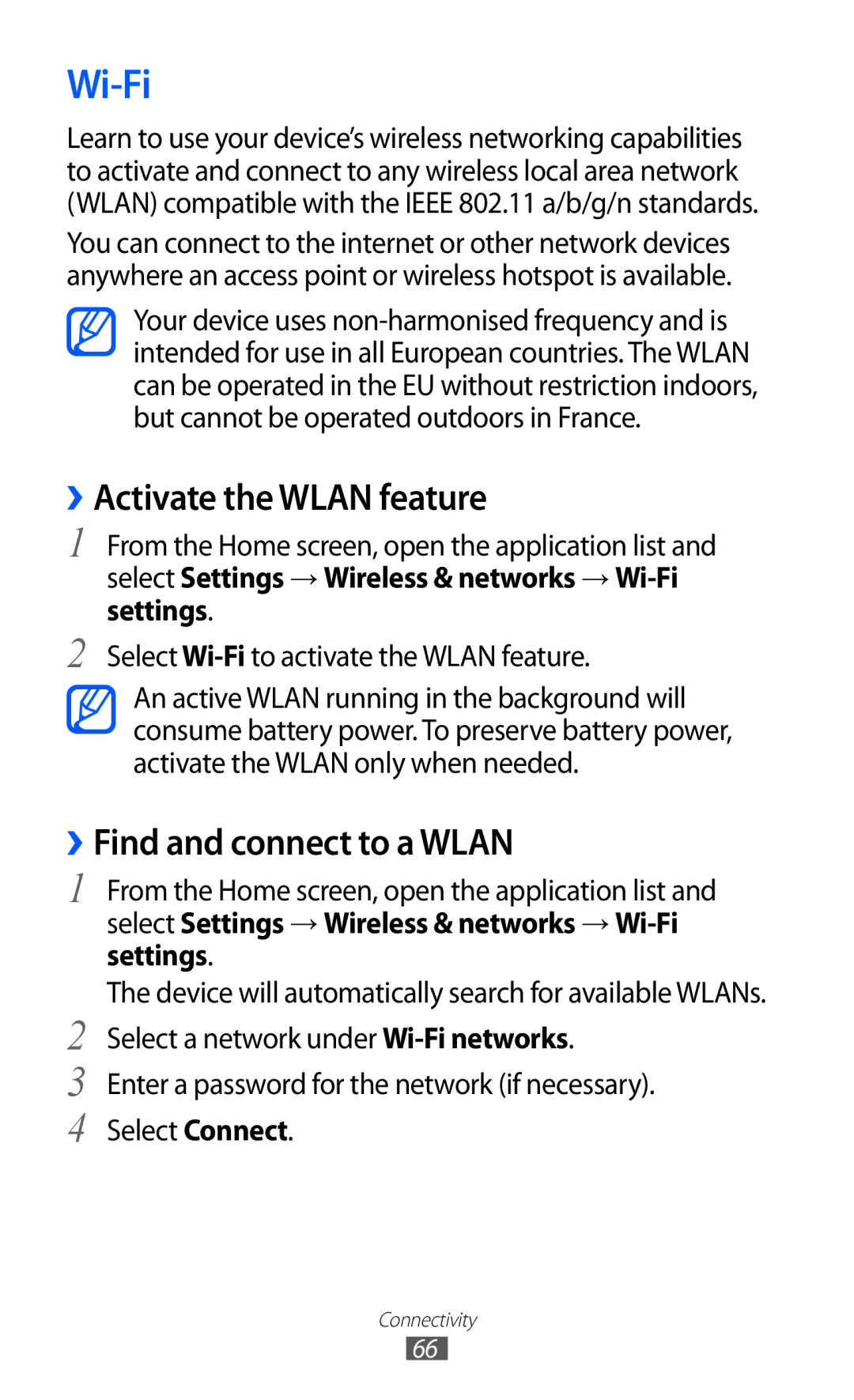 Samsung GT-P7510 user manual Wi-Fi, ››Activate the Wlan feature, ››Find and connect to a Wlan 