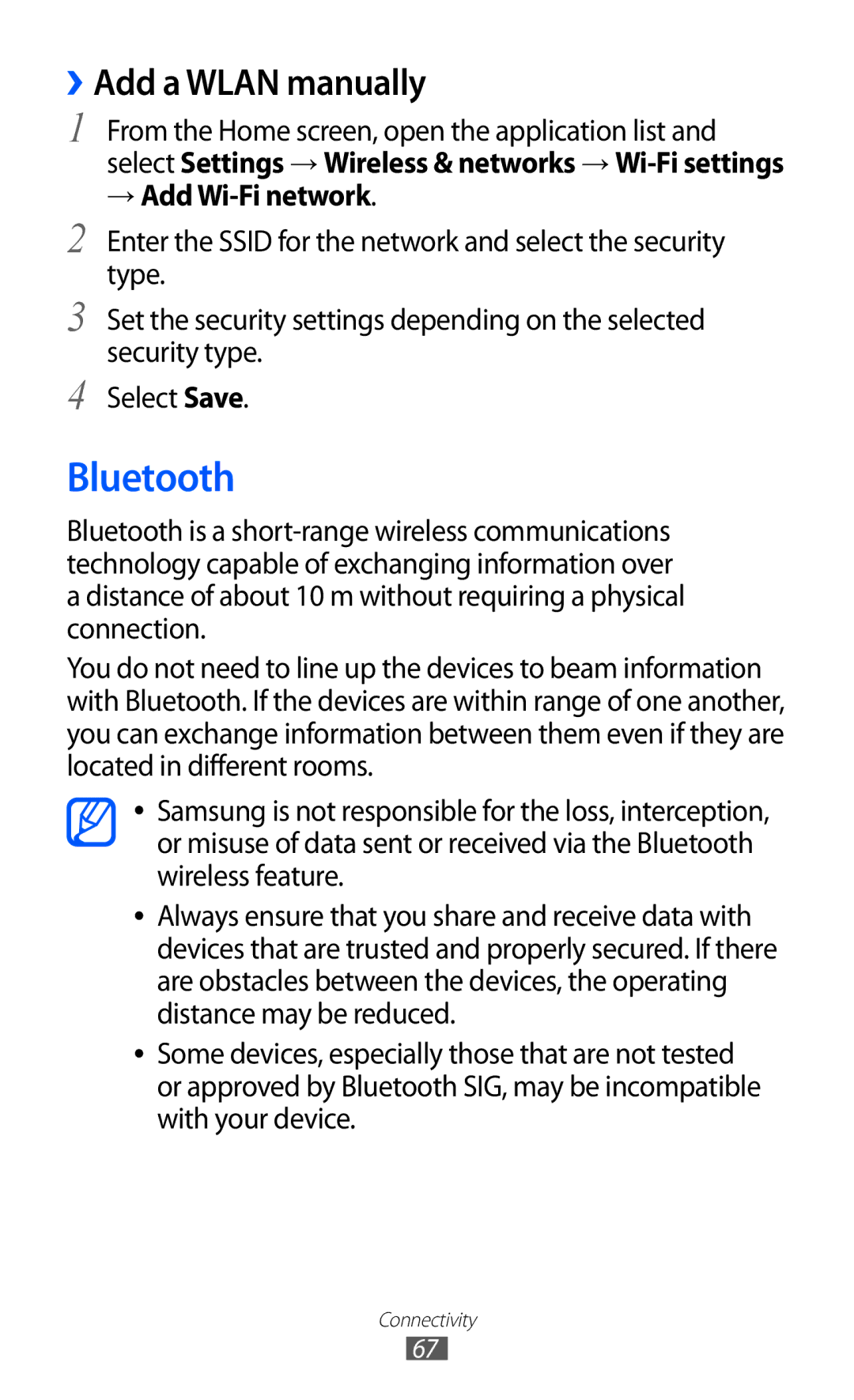 Samsung GT-P7510 user manual Bluetooth, ››Add a Wlan manually, → Add Wi-Fi network 